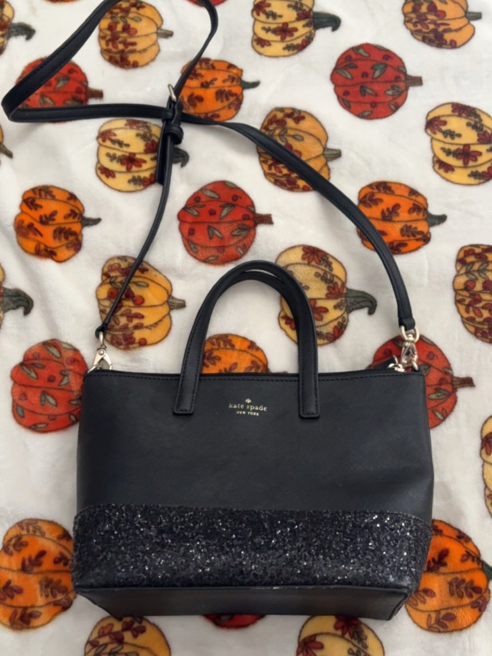 kate spade Black Leather Crossbody Satchel with Glitter Accent